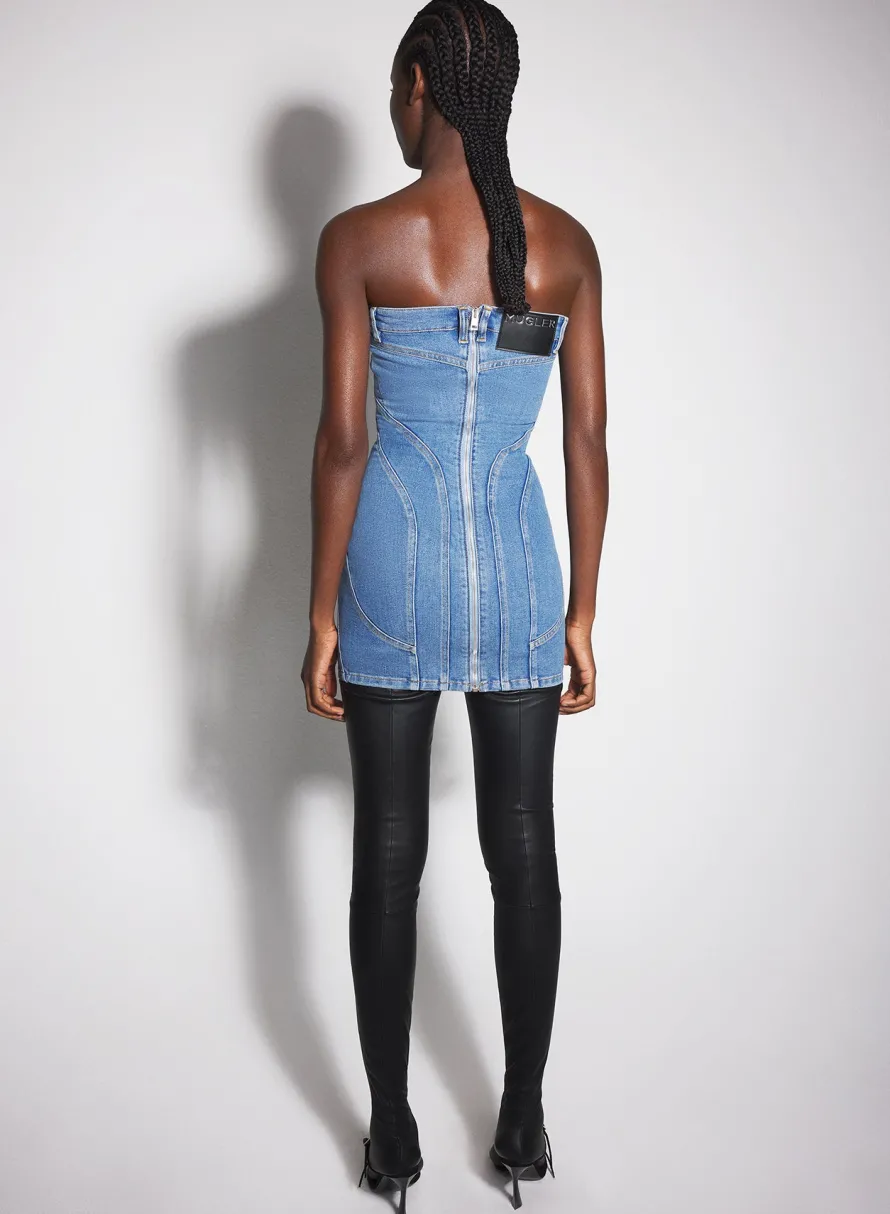 Denim|Dresses & Catsuits|MUGLER blue spiral denim bustier dress