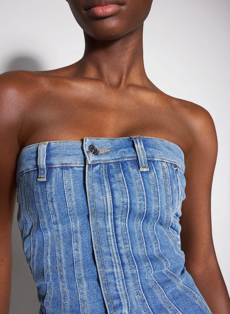 Denim|Dresses & Catsuits|MUGLER blue spiral denim bustier dress