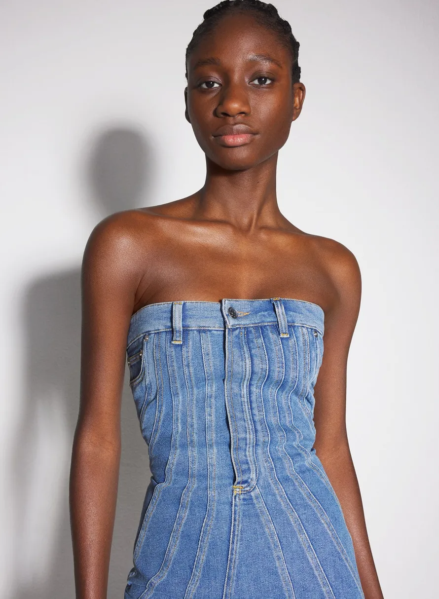 Denim|Dresses & Catsuits|MUGLER blue spiral denim bustier dress