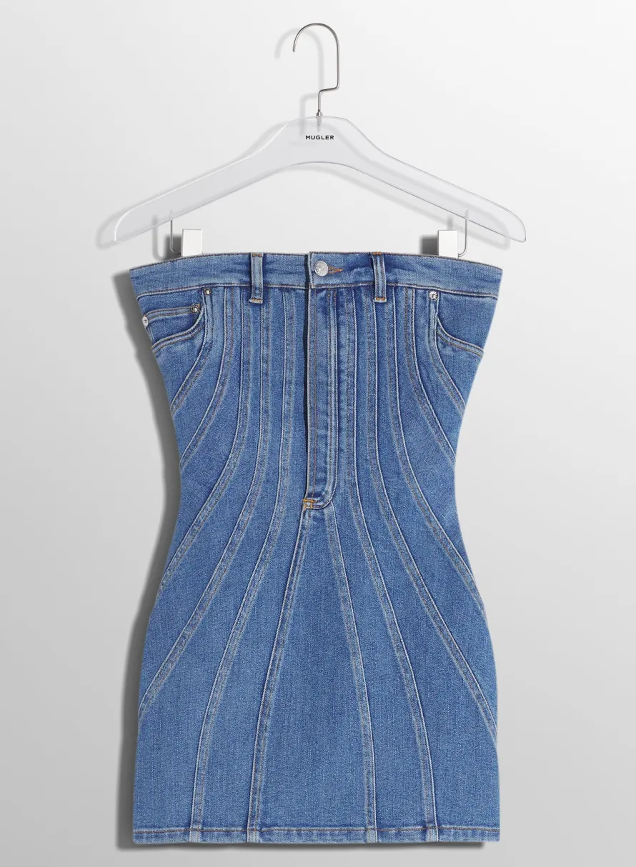 Denim|Dresses & Catsuits|MUGLER blue spiral denim bustier dress