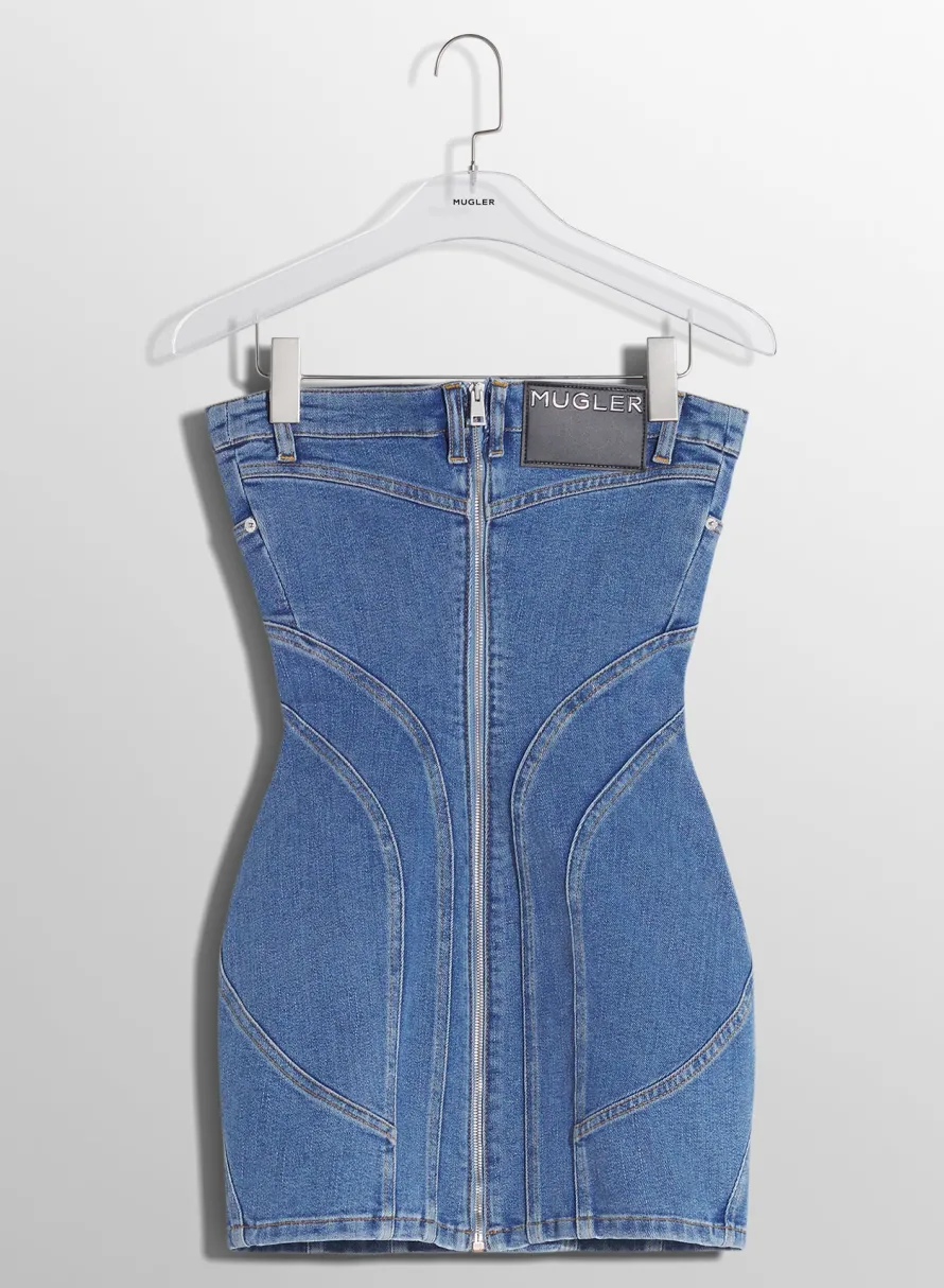 Denim|Dresses & Catsuits|MUGLER blue spiral denim bustier dress