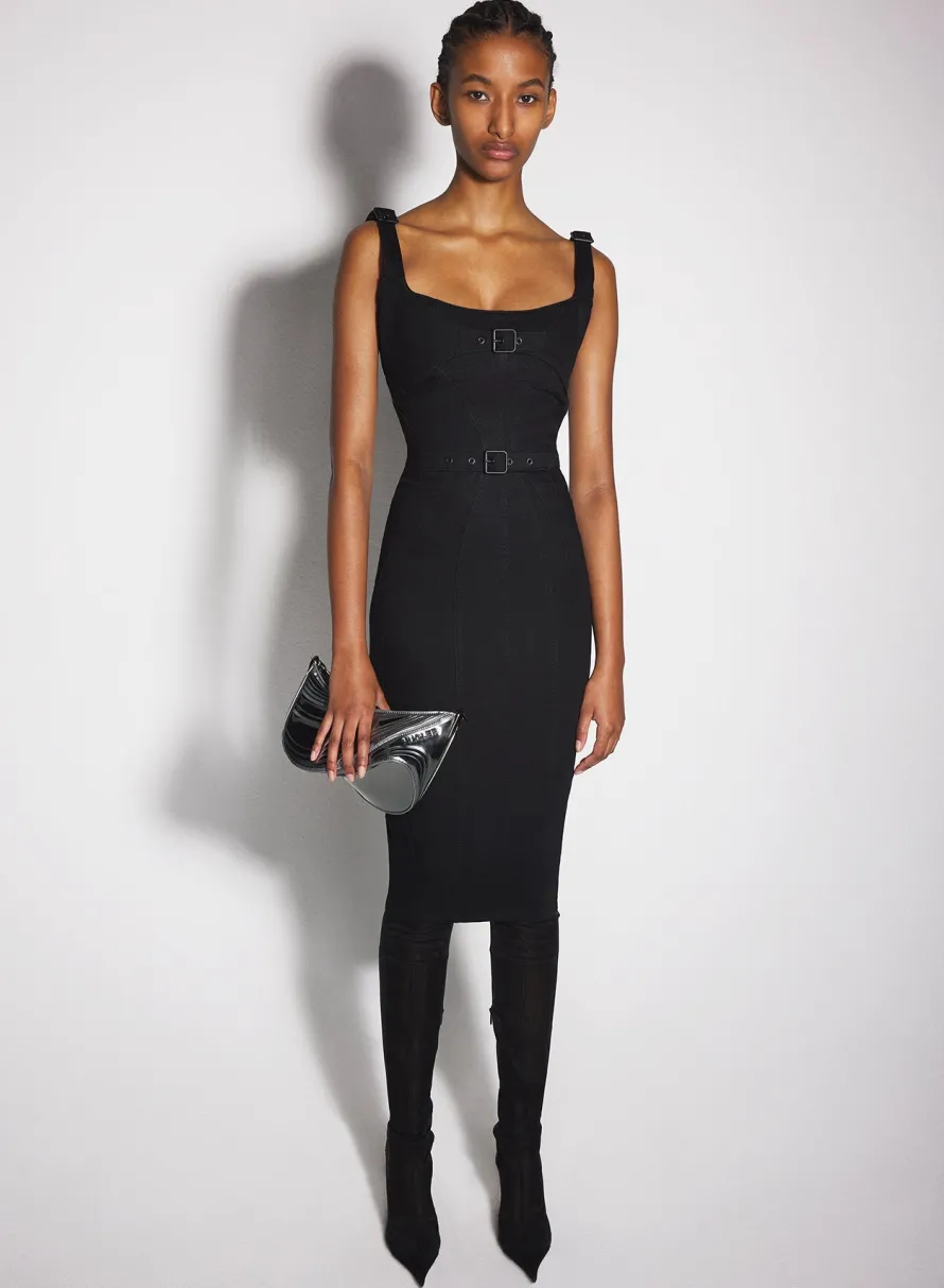 Denim|Dresses & Catsuits|MUGLER black buckled denim dress