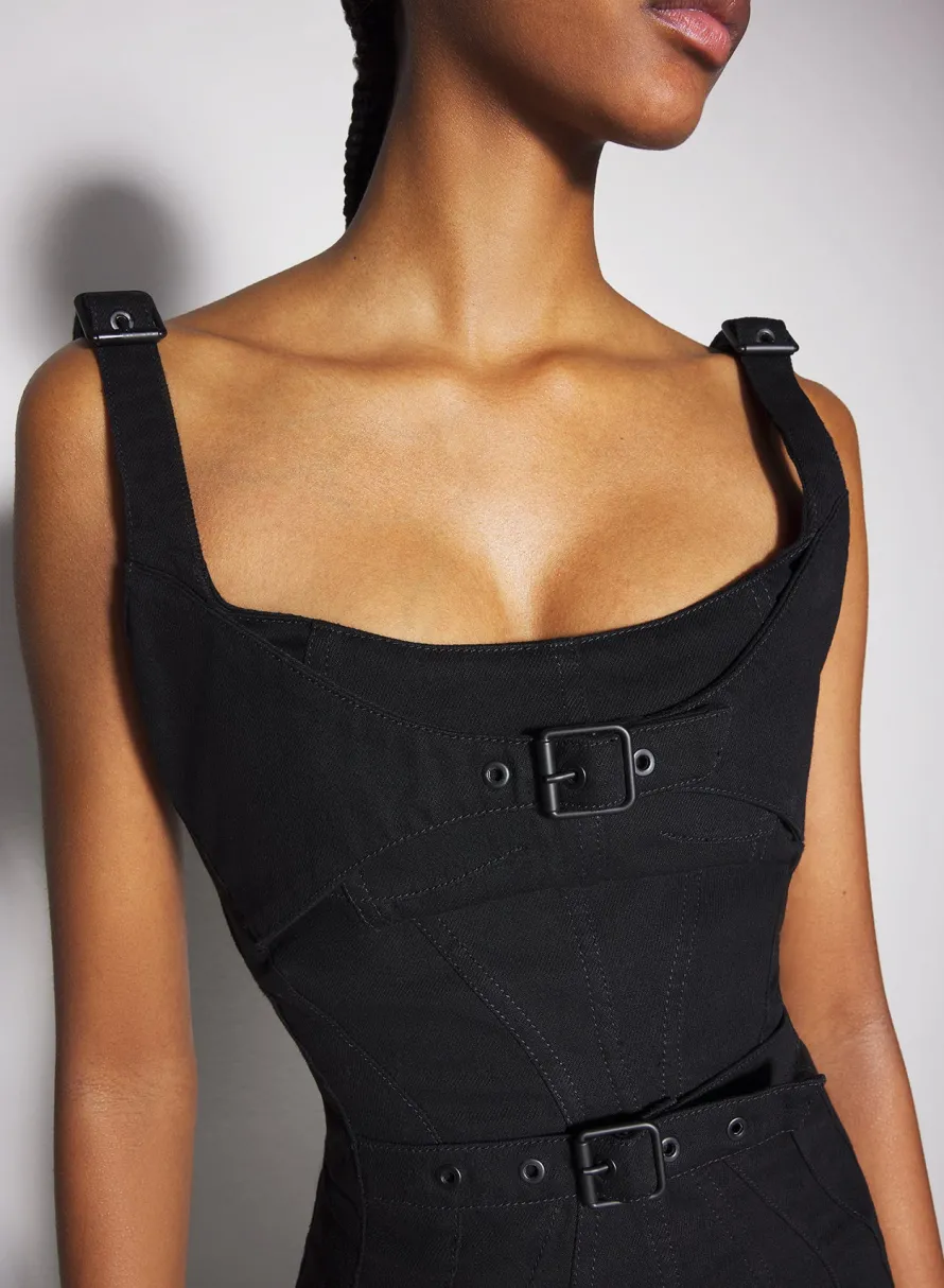 Denim|Dresses & Catsuits|MUGLER black buckled denim dress
