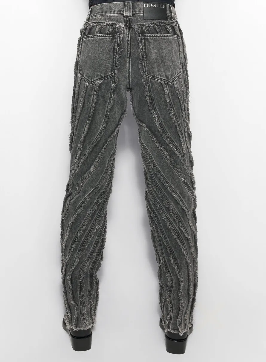 Denim|Denim|MUGLER black raw edge spiral baggy jeans