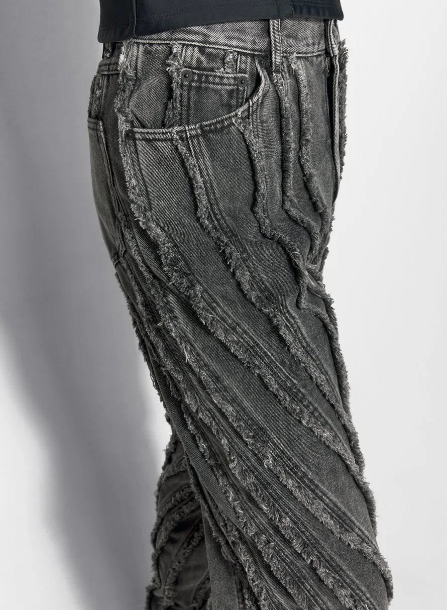 Denim|Denim|MUGLER black raw edge spiral baggy jeans