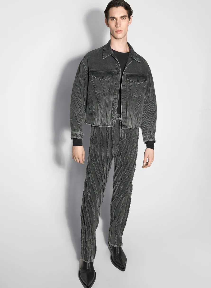 Denim|Denim|MUGLER washed black spiral denim jacket