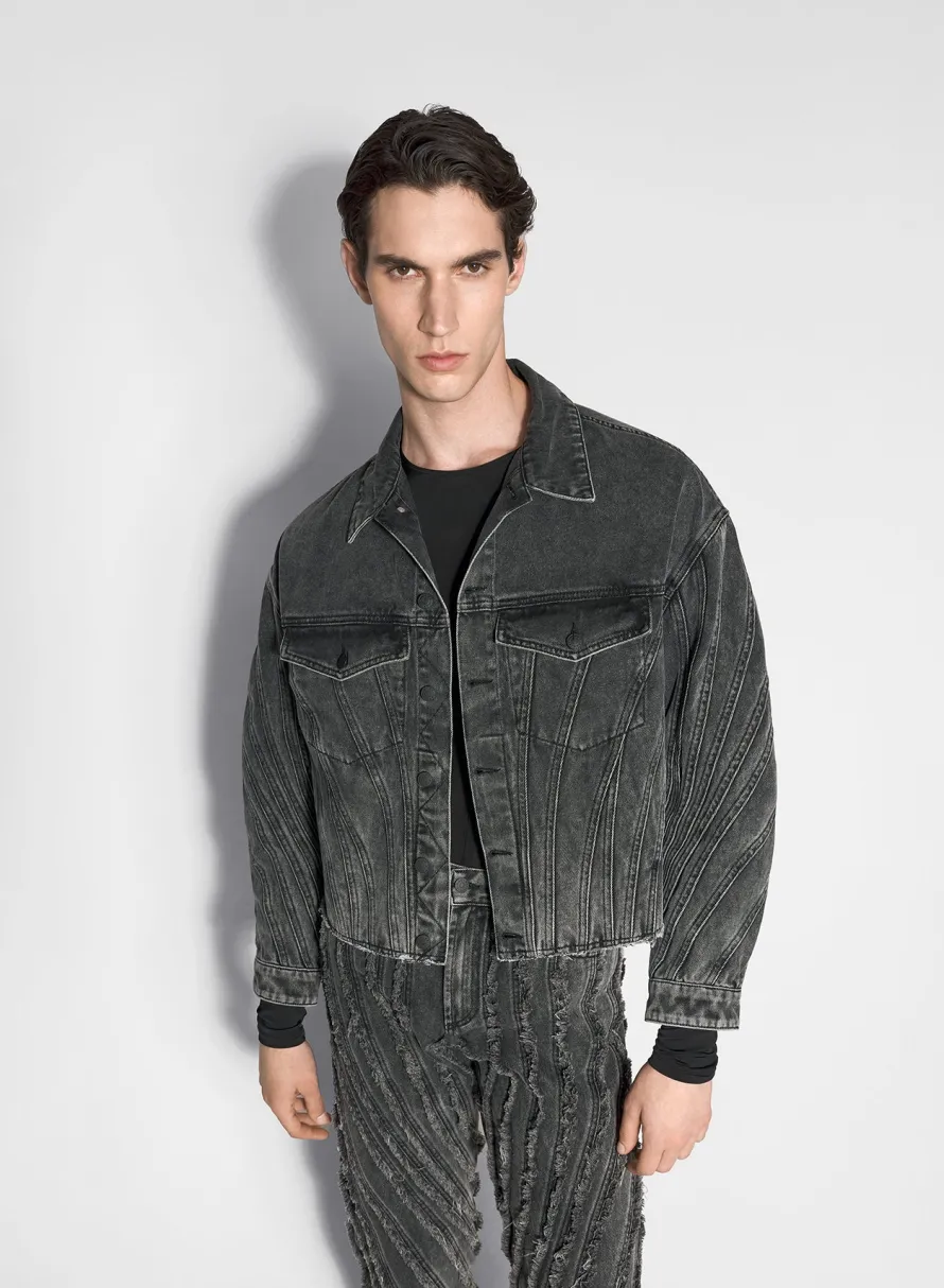 Denim|Denim|MUGLER washed black spiral denim jacket