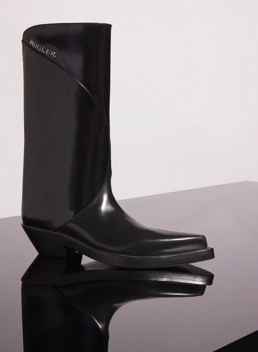 Shoes|MUGLER black shiny leather santiag boots