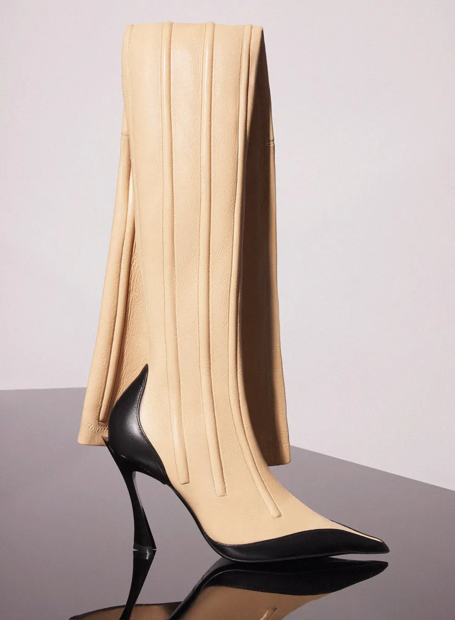 Shoes|MUGLER bi-color boned leather fang 95 thigh high boots