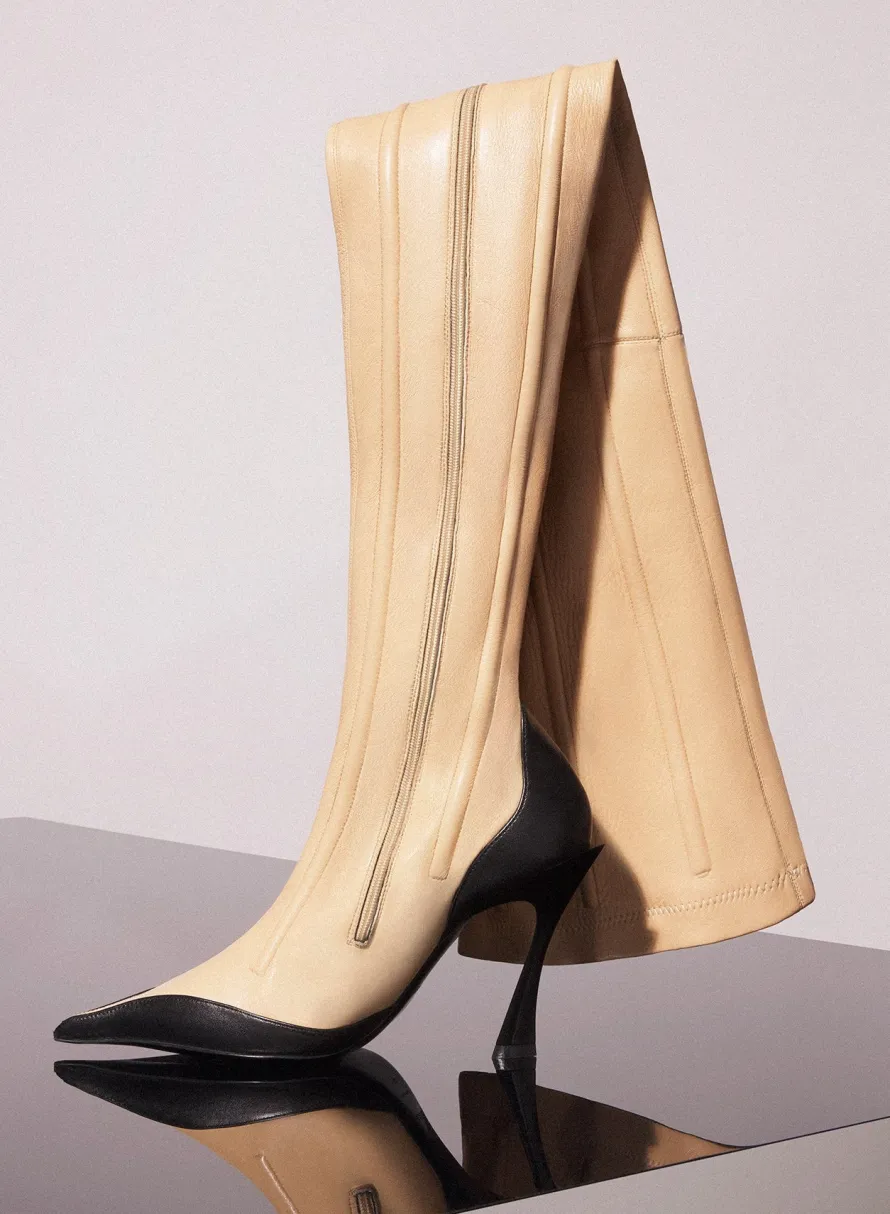 Shoes|MUGLER bi-color boned leather fang 95 thigh high boots