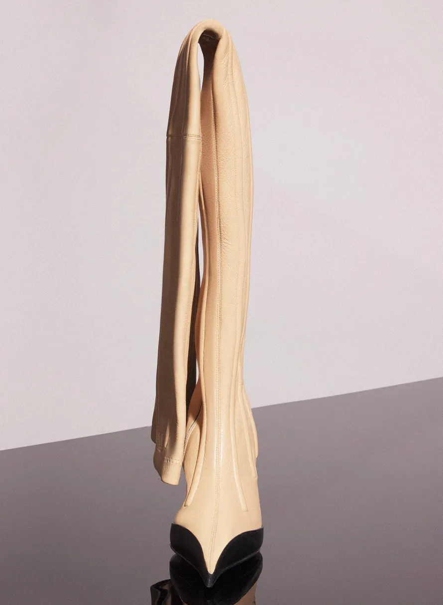 Shoes|MUGLER bi-color boned leather fang 95 thigh high boots