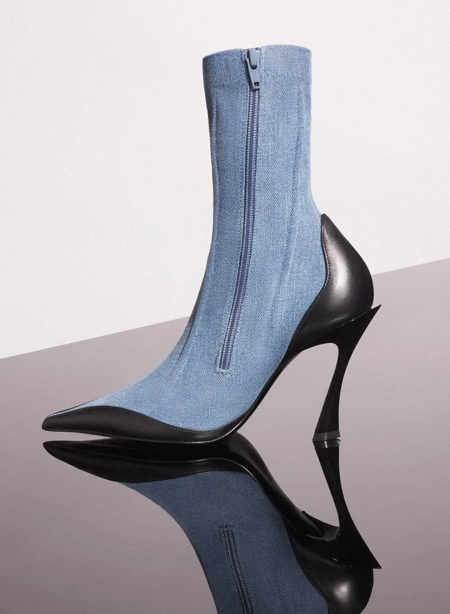 Shoes|MUGLER blue bi-color boned denim fang 95 ankle boots
