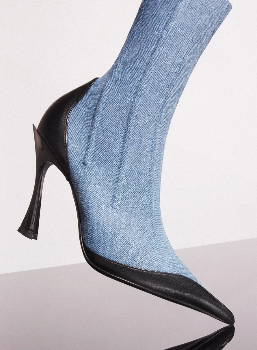 Shoes|MUGLER blue bi-color boned denim fang 95 ankle boots