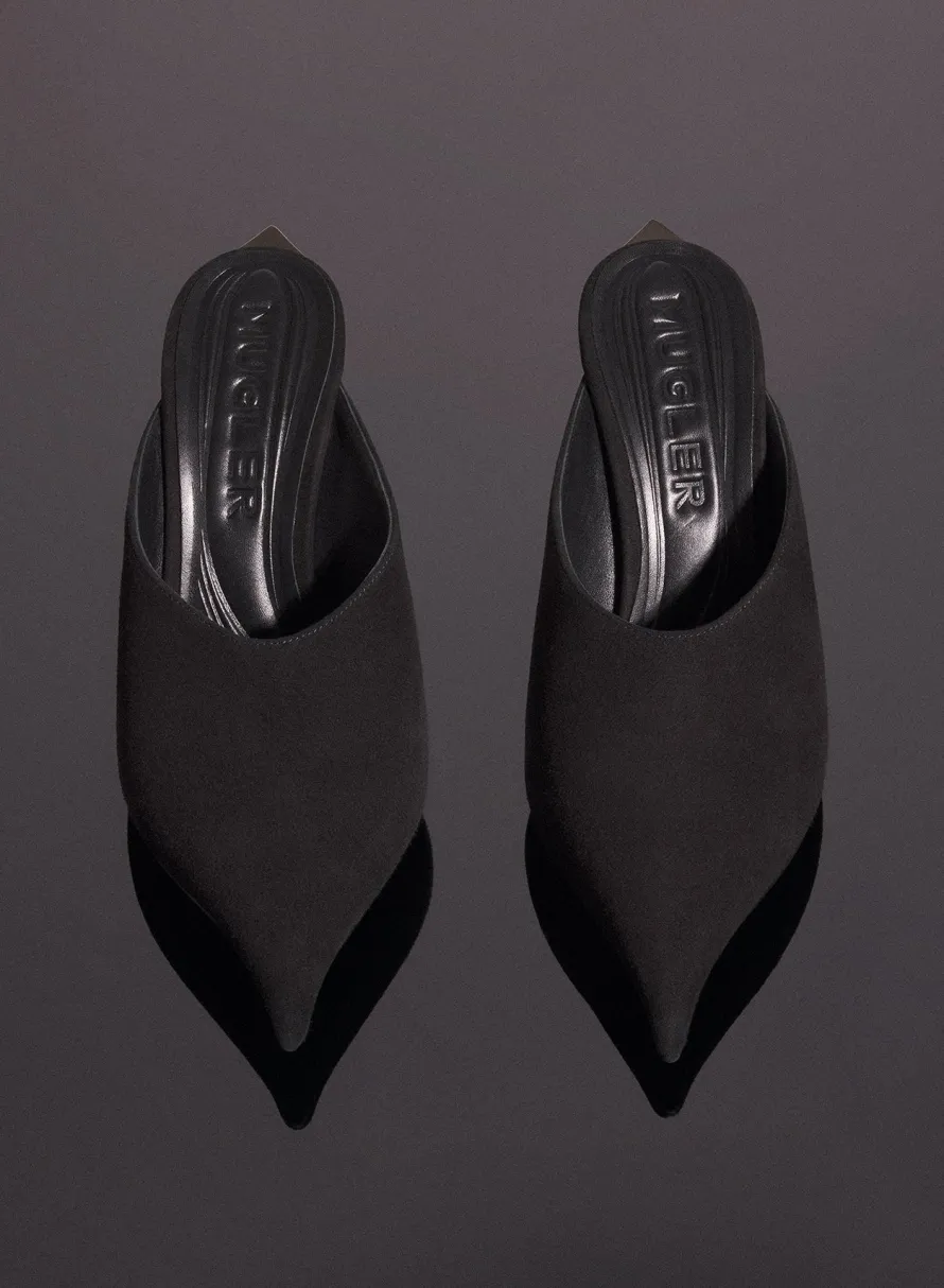 Shoes|MUGLER black suede Fang 95 mules