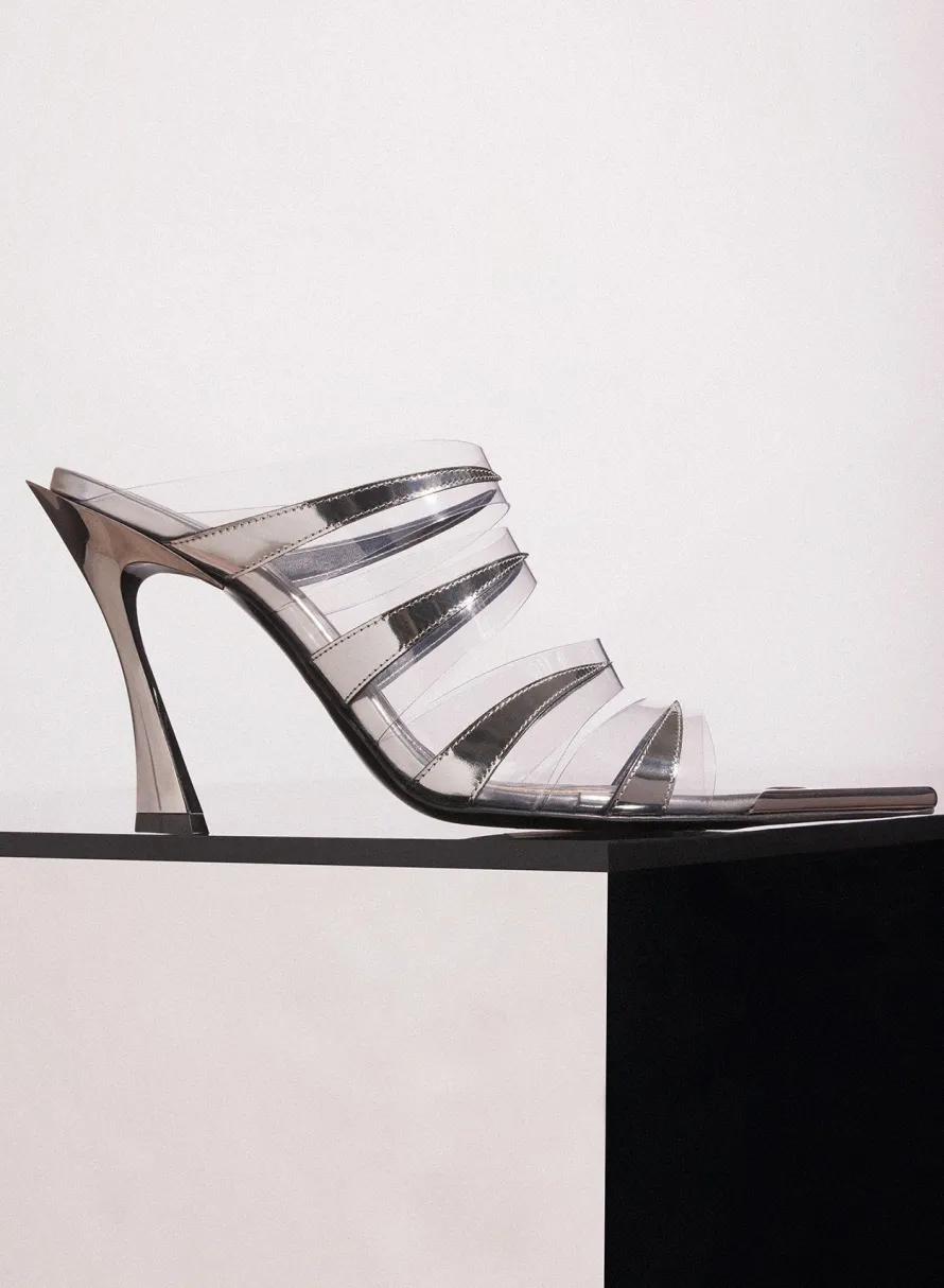 Shoes|MUGLER chrome leather fang 95 spike sandals
