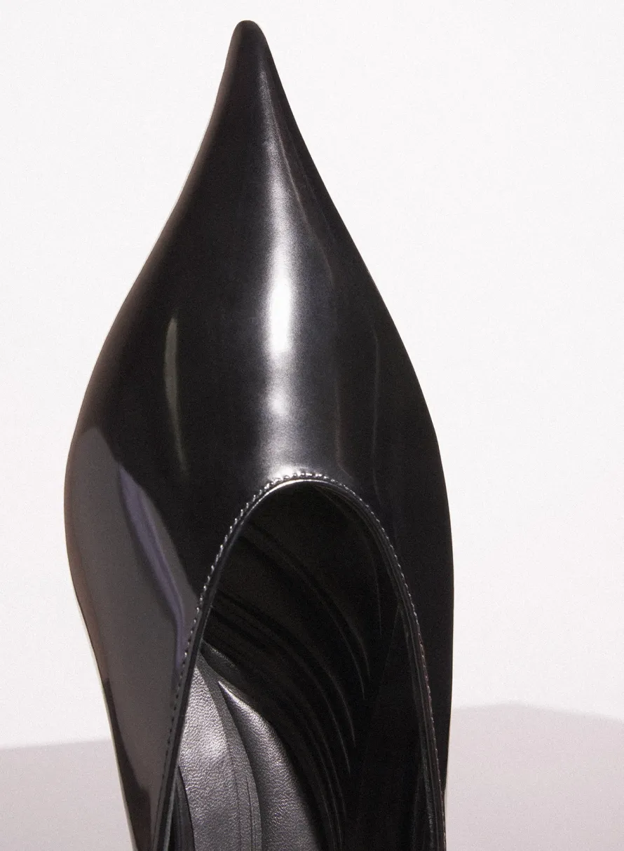Shoes|MUGLER black shiny leather fang flat mules