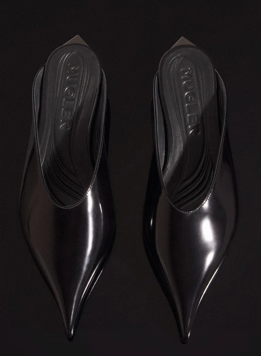 Shoes|MUGLER black shiny leather fang flat mules