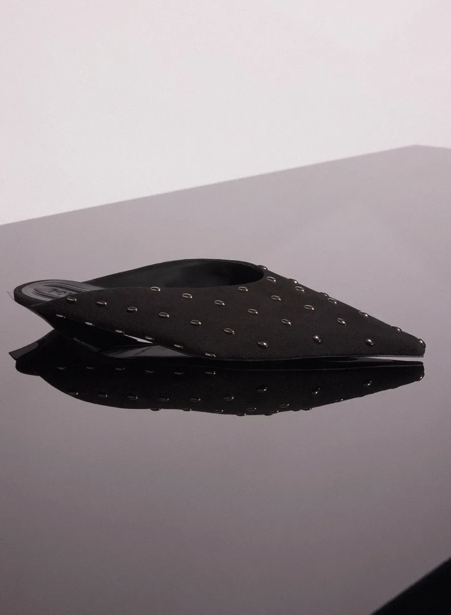 Shoes|MUGLER black embellished suede fang flat mules