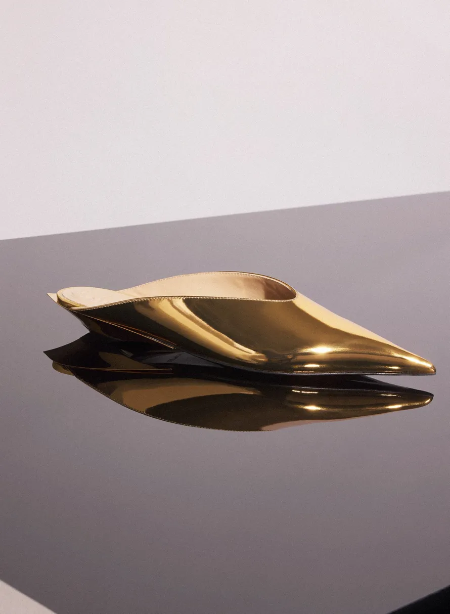 Shoes|MUGLER gold metalic leather fang flat mules