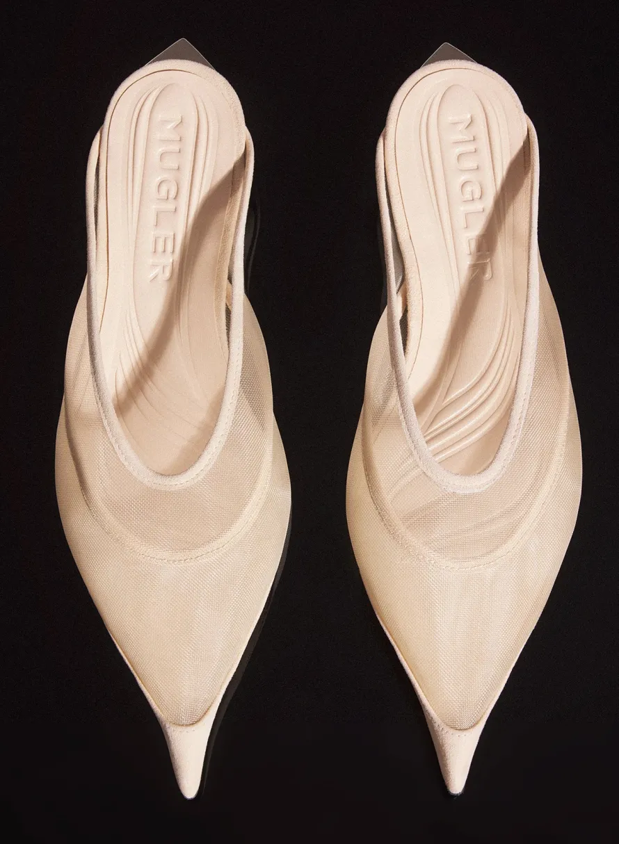 Shoes|MUGLER tan mesh fang flat mules