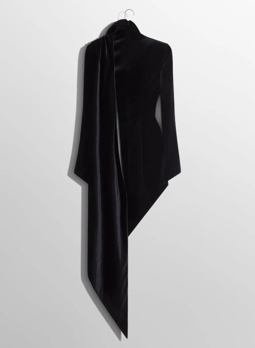 Dresses & Catsuits|MUGLER black asymmetrical velvet dress with leather collar