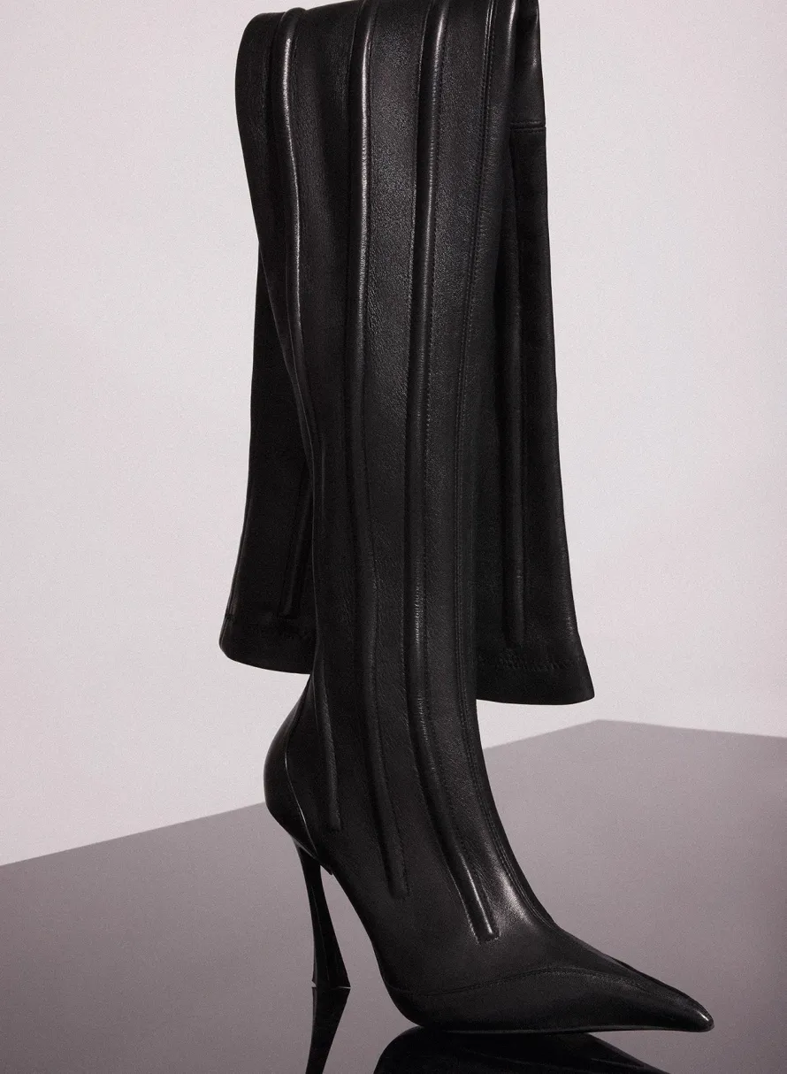 Shoes|MUGLER black boned leather fang 95 thigh high boots