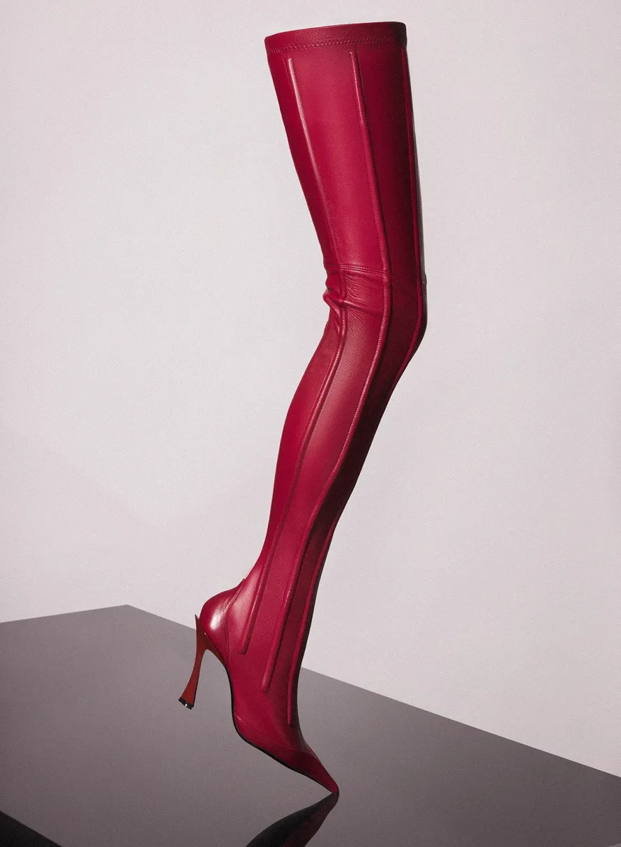 Shoes|MUGLER red boned leather fang 95 thigh high boots