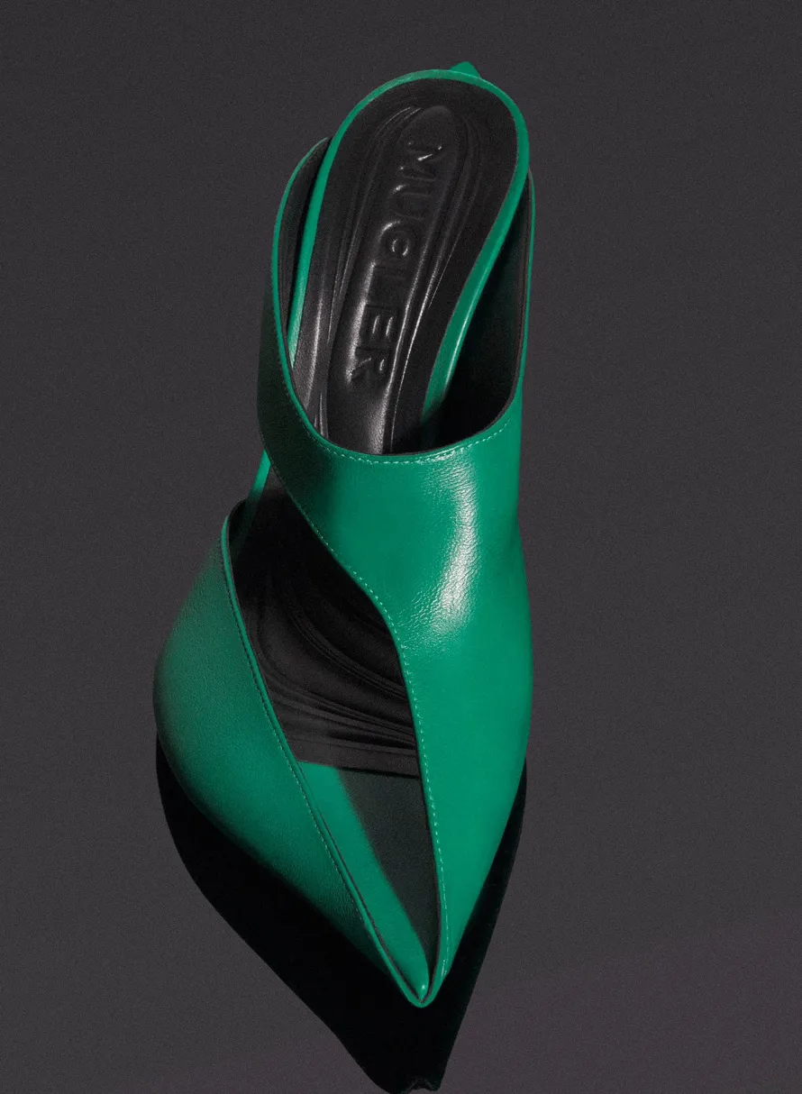 Shoes|MUGLER jade green leather fang 95 cut-out mule