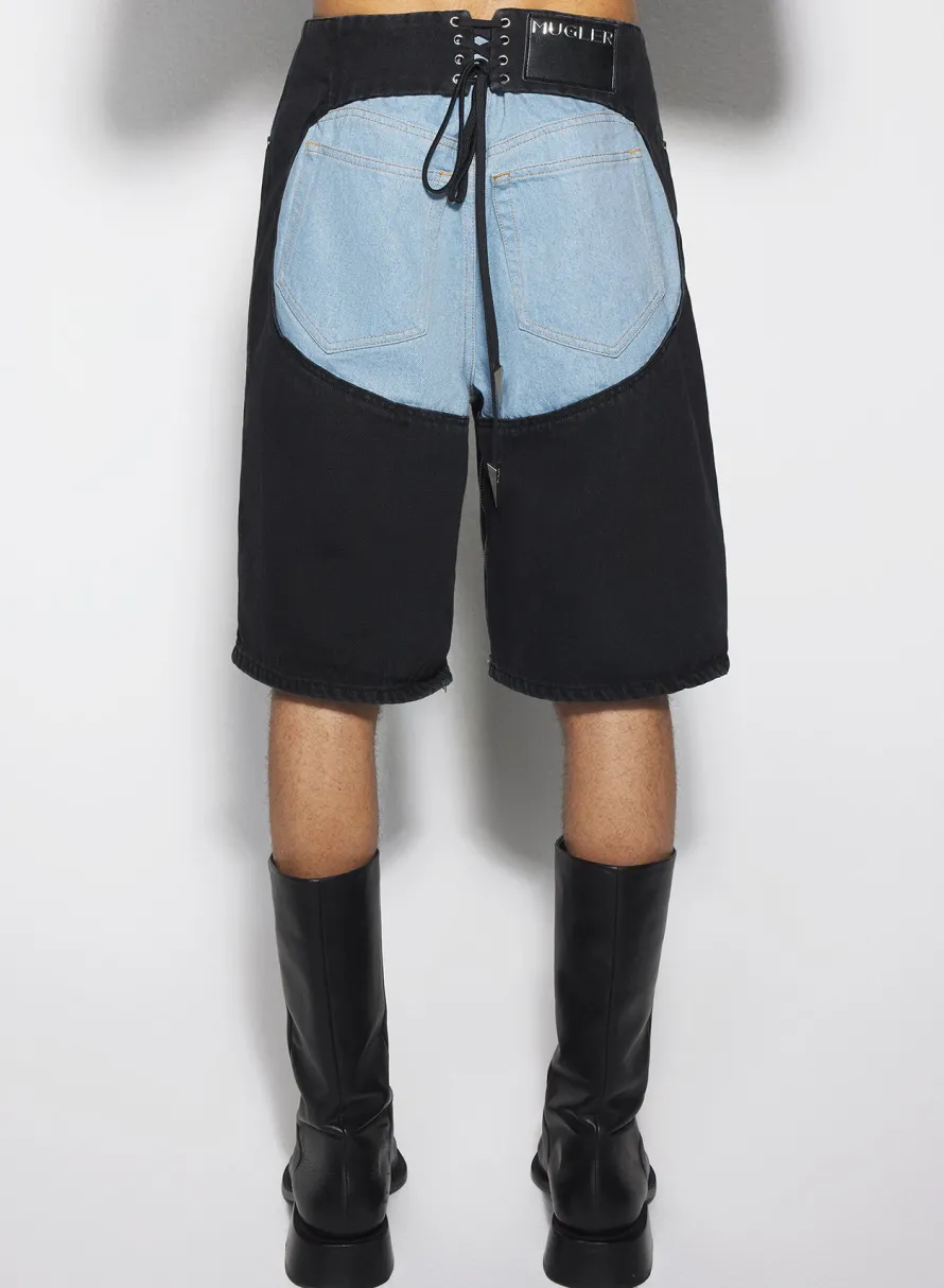 Denim|Denim|MUGLER bi-color laced denim shorts
