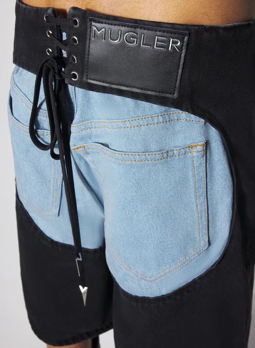 Denim|Denim|MUGLER bi-color laced denim shorts
