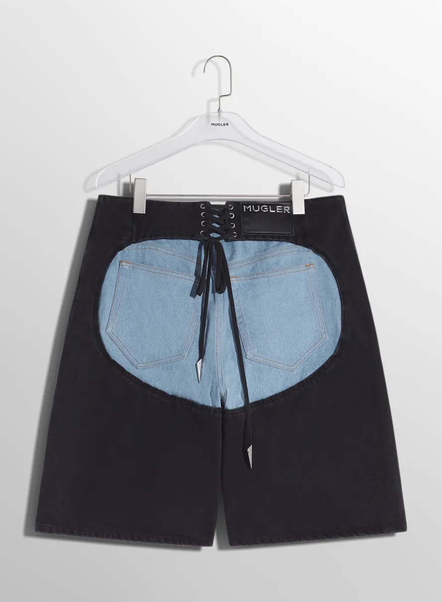 Denim|Denim|MUGLER bi-color laced denim shorts