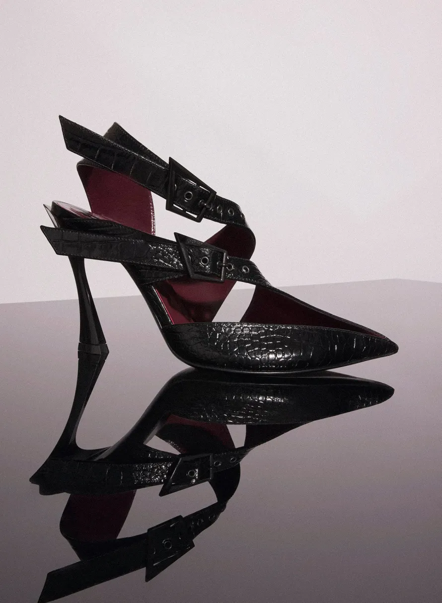 Shoes|MUGLER black embossed crocodile buckled fang 95 mules