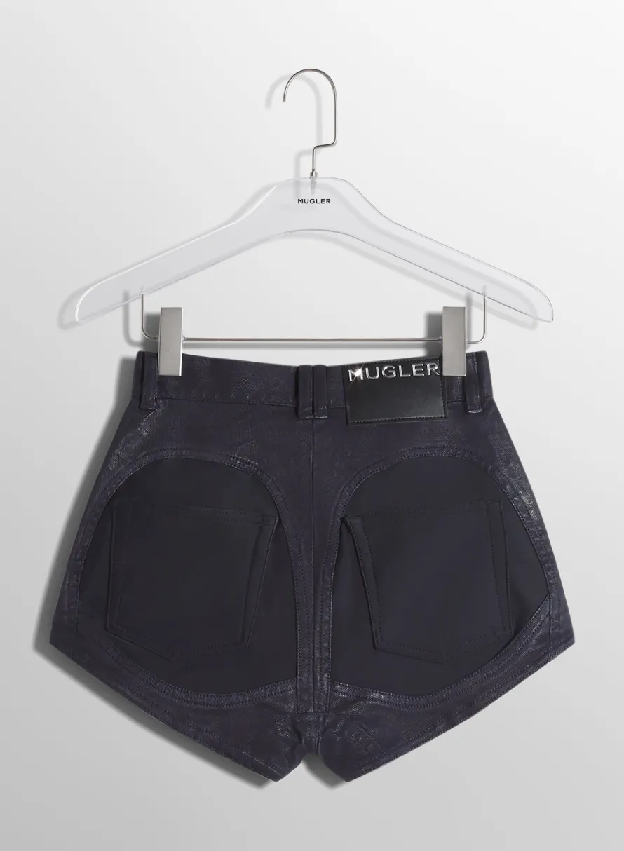 Denim|MUGLER midnight blue bi-material denim shorts