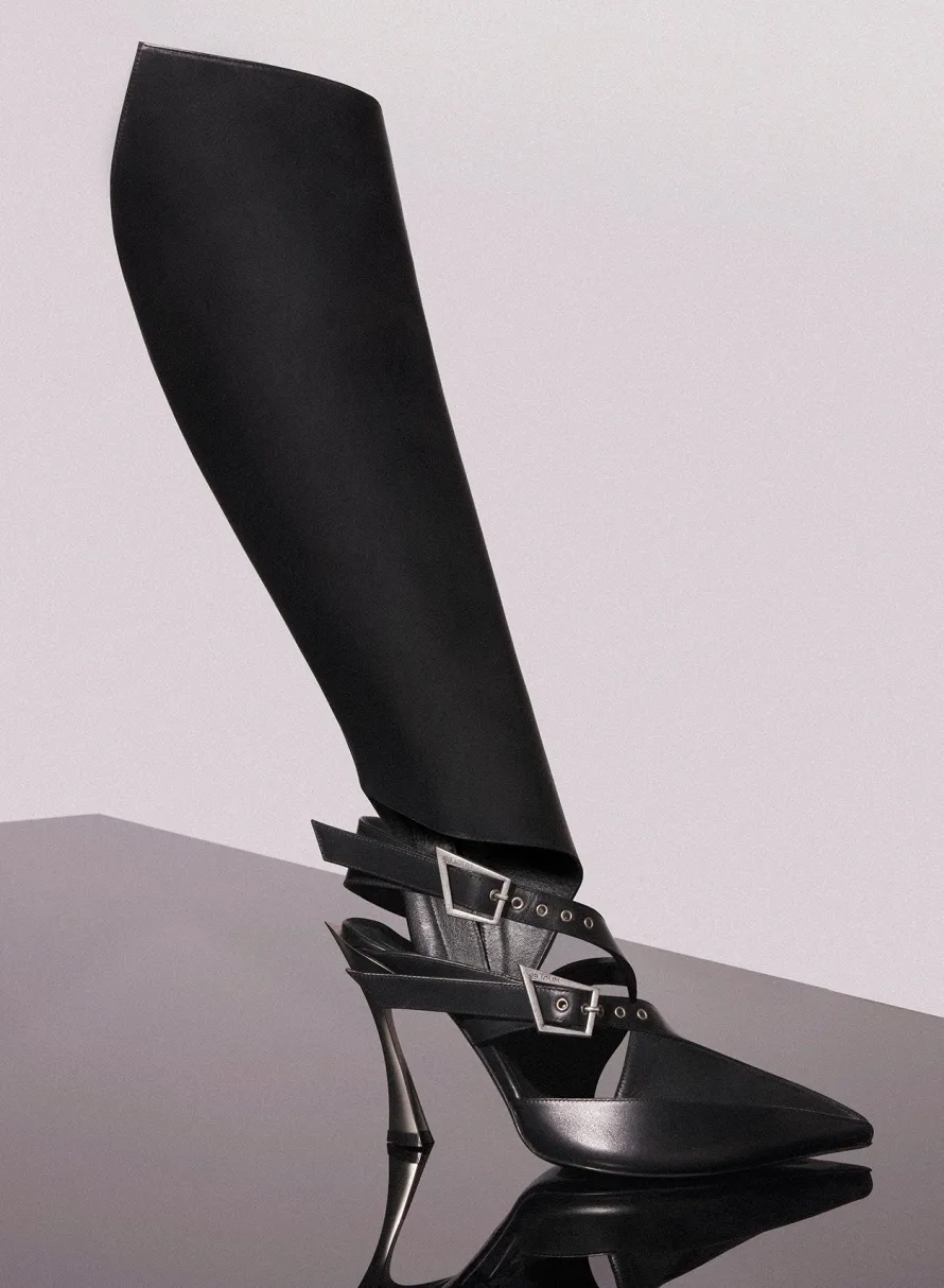 Shoes|MUGLER black leather buckled fang 95 knee high boots