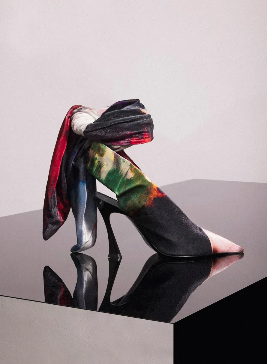 Shoes|Mugler X Ambera Wellmann|MUGLER x Ambera Wellmann printed velvet knot fang 95 mules