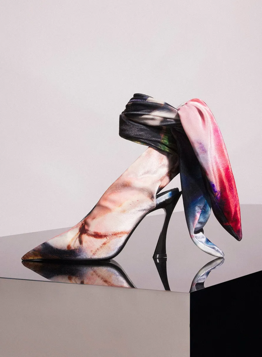 Shoes|Mugler X Ambera Wellmann|MUGLER x Ambera Wellmann printed velvet knot fang 95 mules