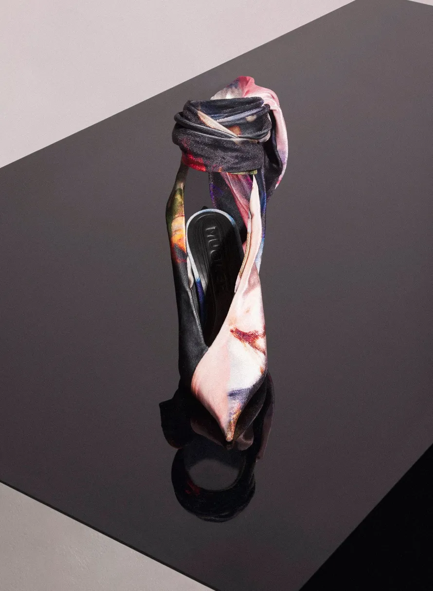Shoes|Mugler X Ambera Wellmann|MUGLER x Ambera Wellmann printed velvet knot fang 95 mules