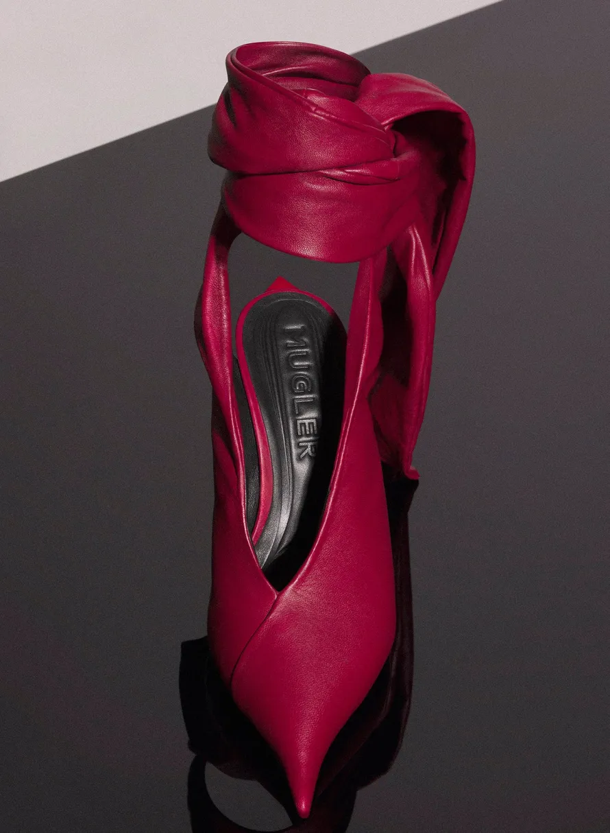 Shoes|MUGLER red leather knot fang 95 mules