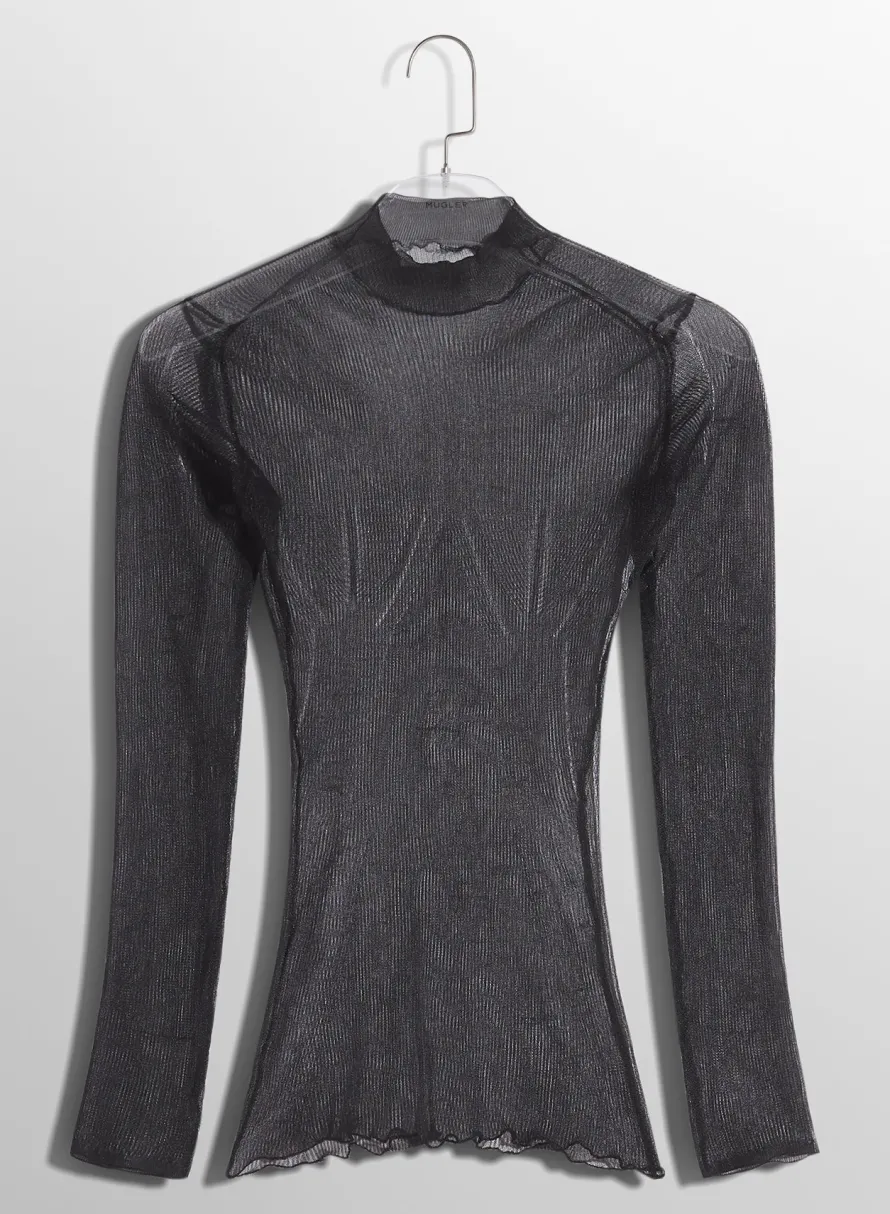 Knitwear|Tops|MUGLER black sculpting sheer knit top