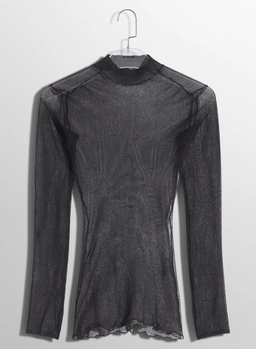 Knitwear|Tops|MUGLER black sculpting sheer knit top